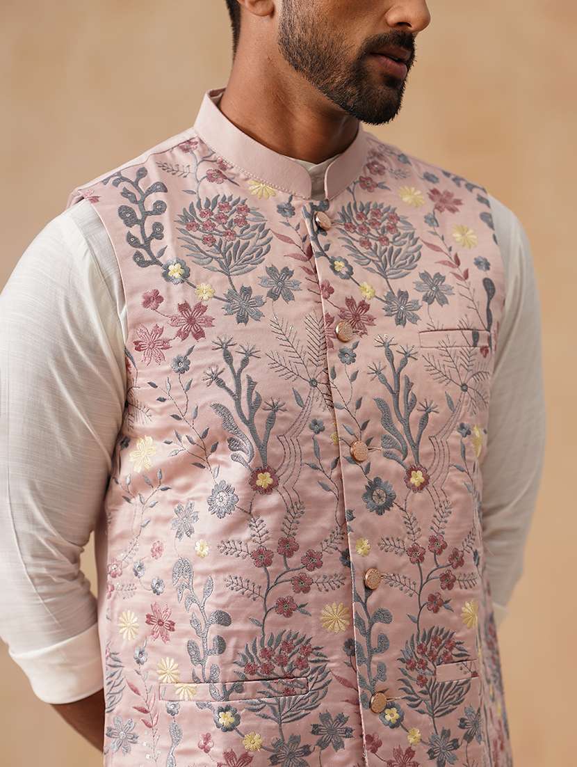 men solid with work mandarin neck regular fit nehru jacket - 22078367 -  Standard Image - 5