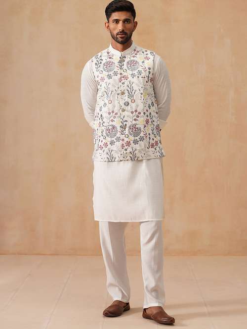 men solid with work mandarin neck regular fit nehru jacket - 22078368 -  Standard Image - 0