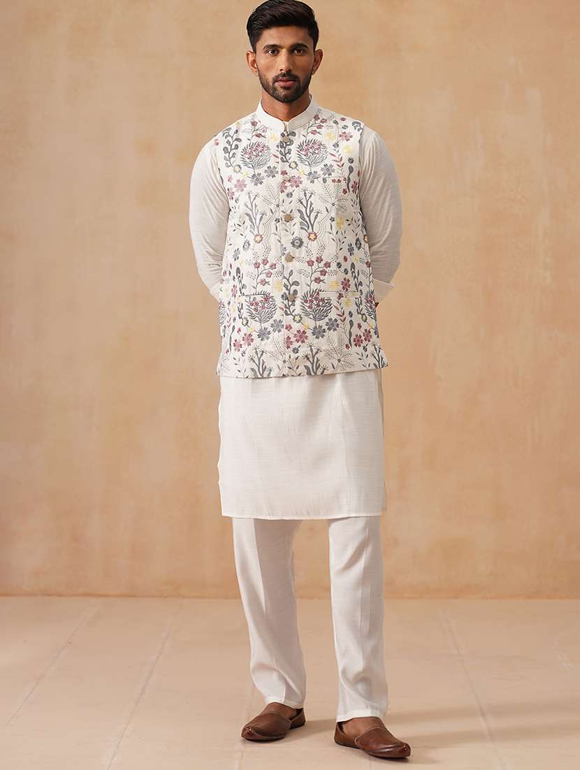 men solid with work mandarin neck regular fit nehru jacket