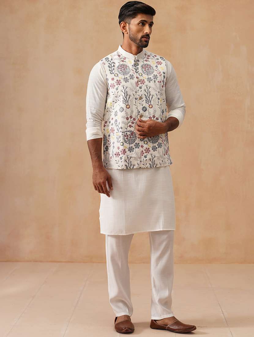 men solid with work mandarin neck regular fit nehru jacket - 22078368 -  Standard Image - 3