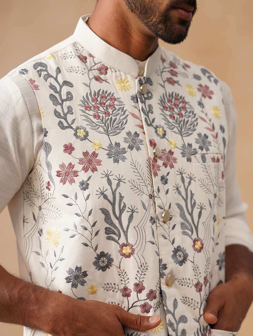 men solid with work mandarin neck regular fit nehru jacket - 22078368 -  Standard Image - 5