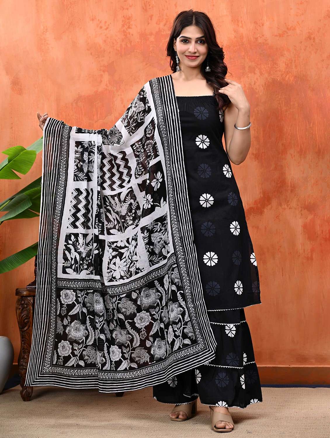 women printed shoulder strap kurta sharara with dupatta set
