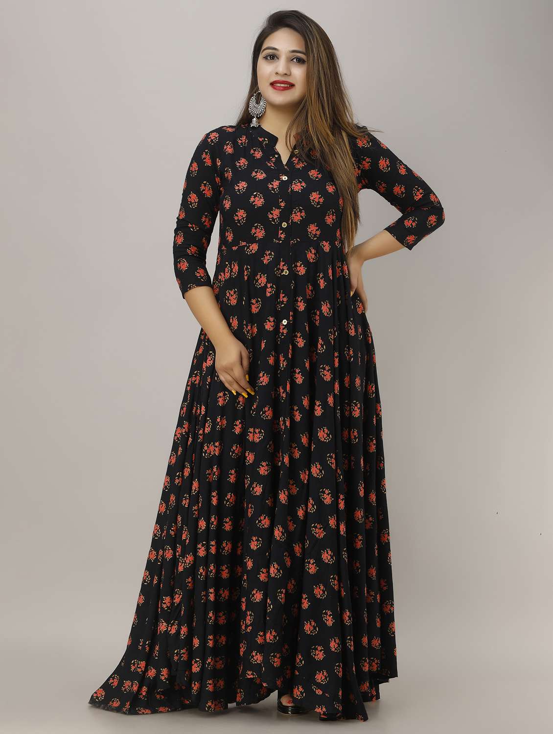 women floral printed three quarter sleeve flared ethnic dress - 22078417 -  Zoom Image - 0