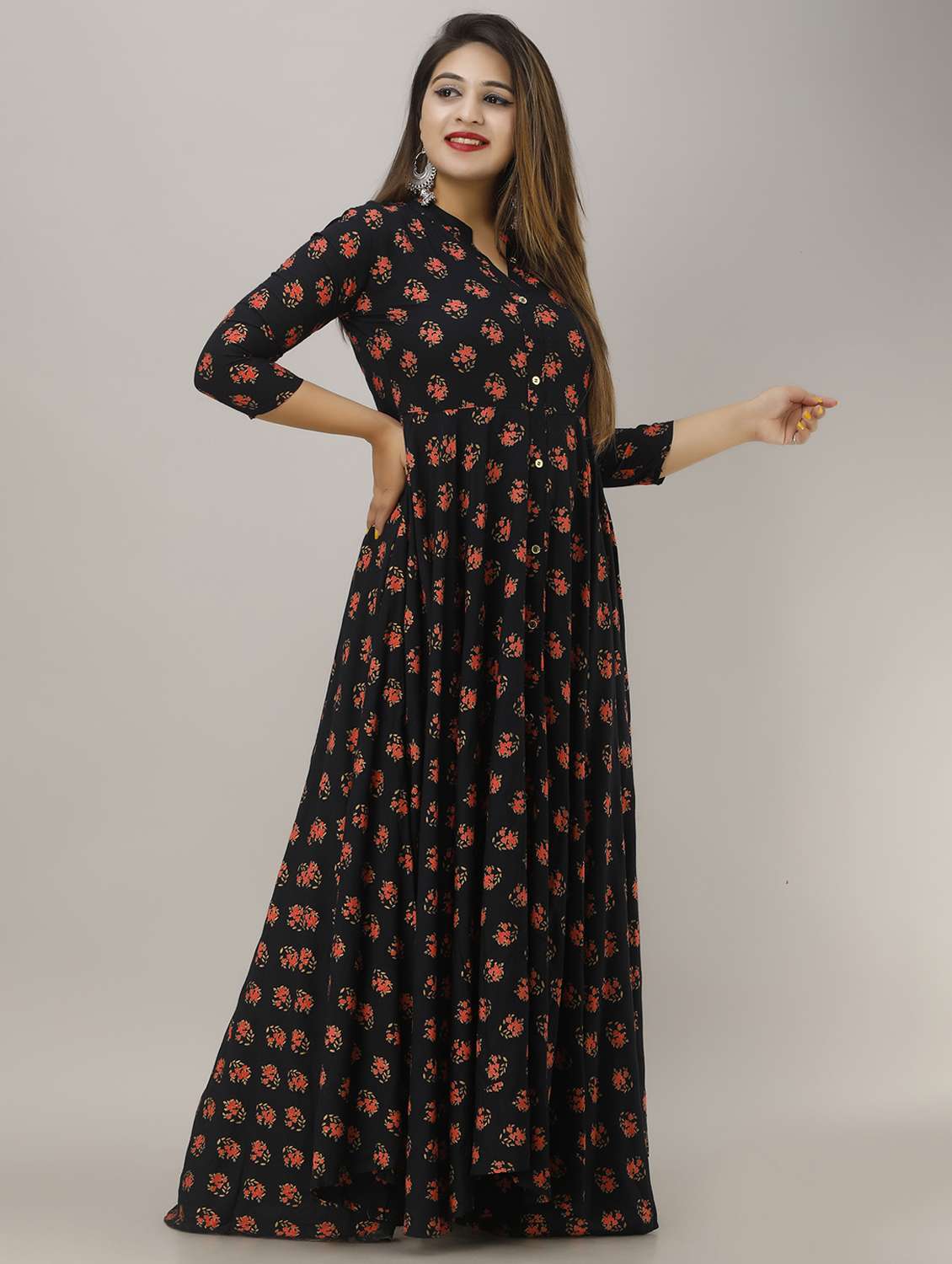 women floral printed three quarter sleeve flared ethnic dress - 22078417 - Standard Image - 3