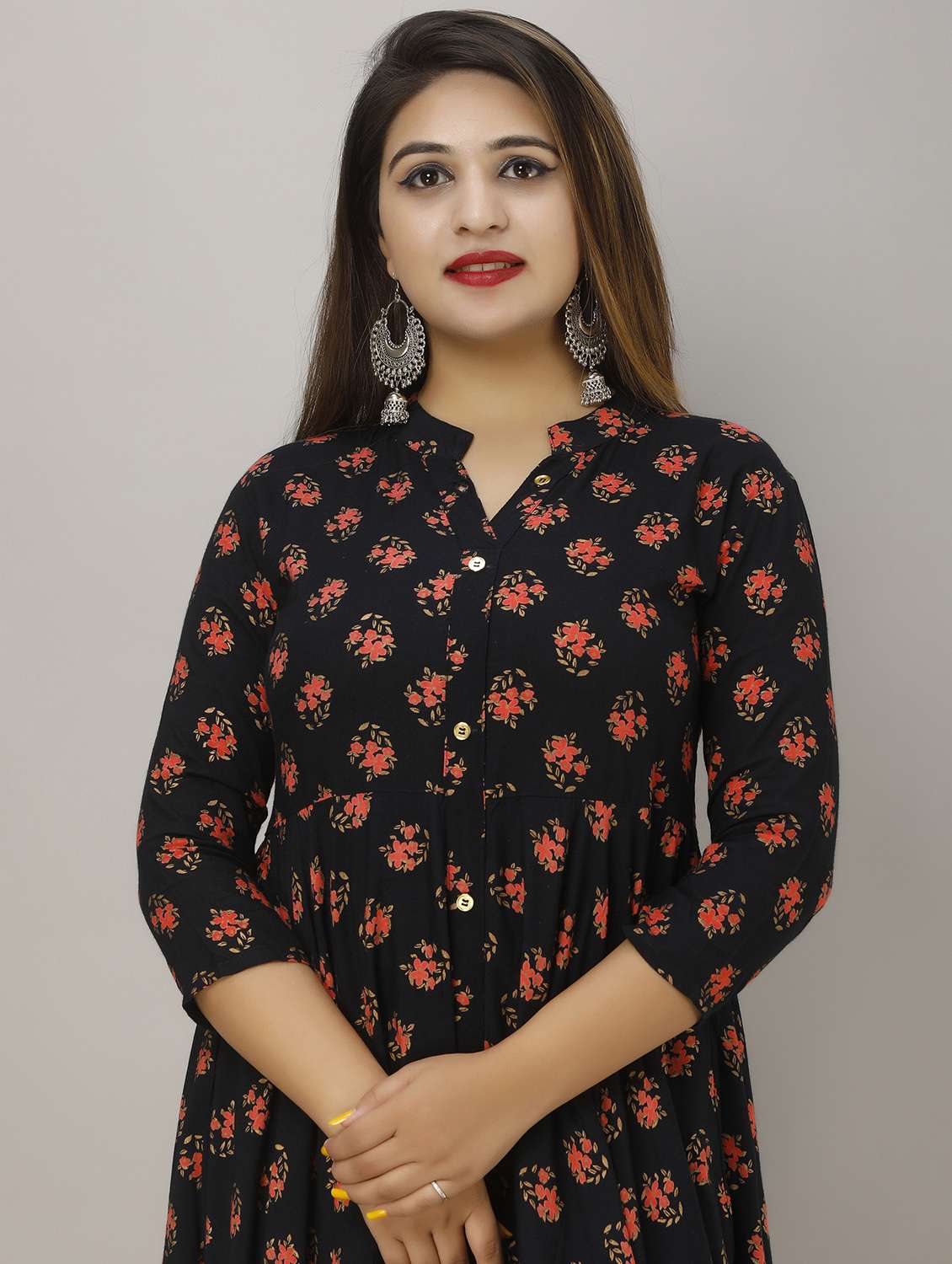 women floral printed three quarter sleeve flared ethnic dress - 22078417 - Standard Image - 5