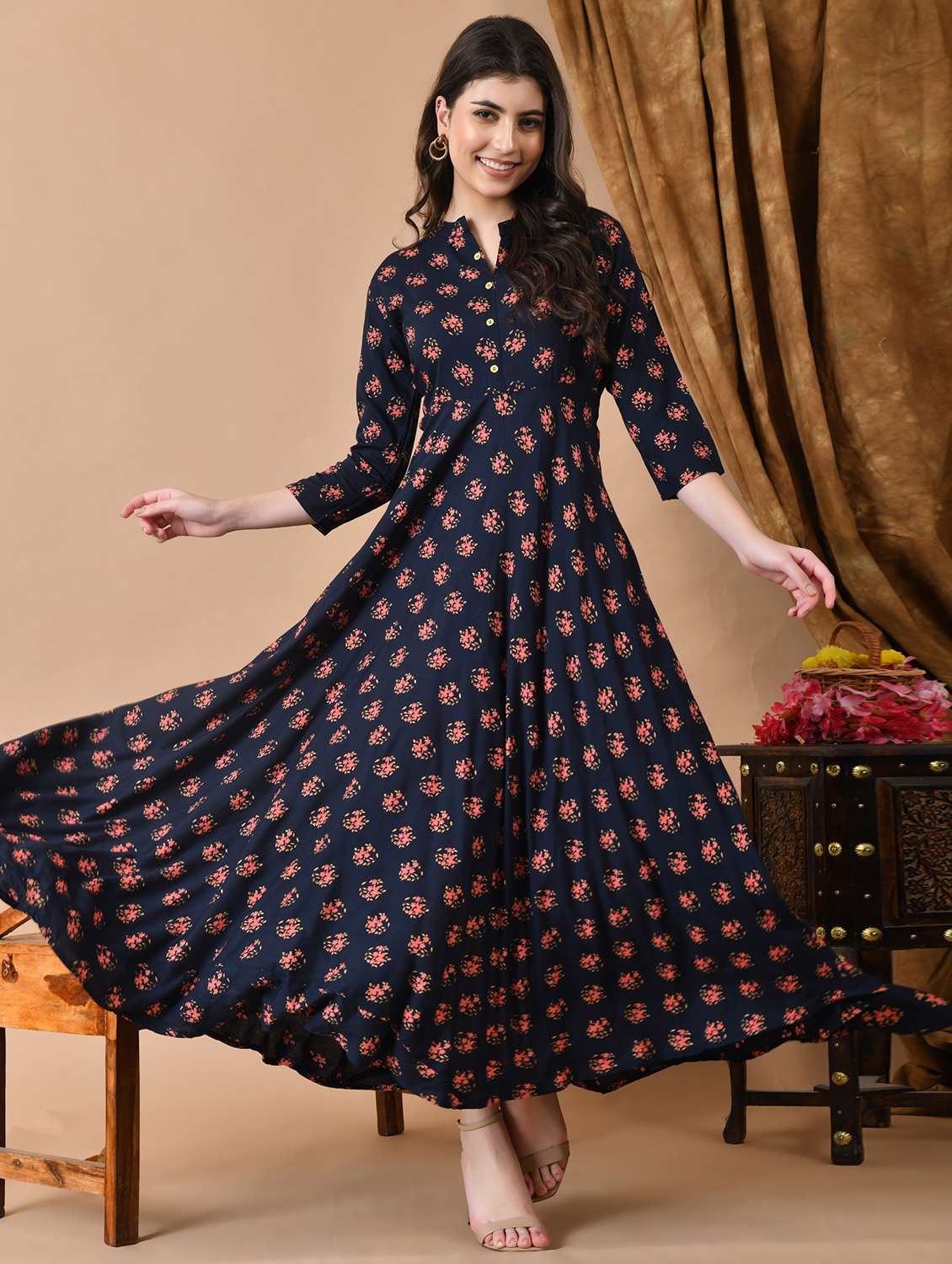 women floral printed three quarter sleeve flared ethnic dress - 22078418 - Zoom Image - 0