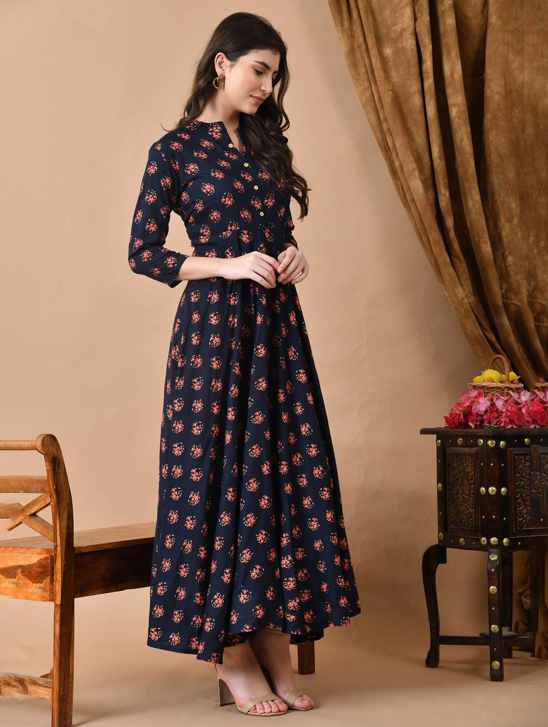 women floral printed three quarter sleeve flared ethnic dress - 22078418 - Standard Image - 3