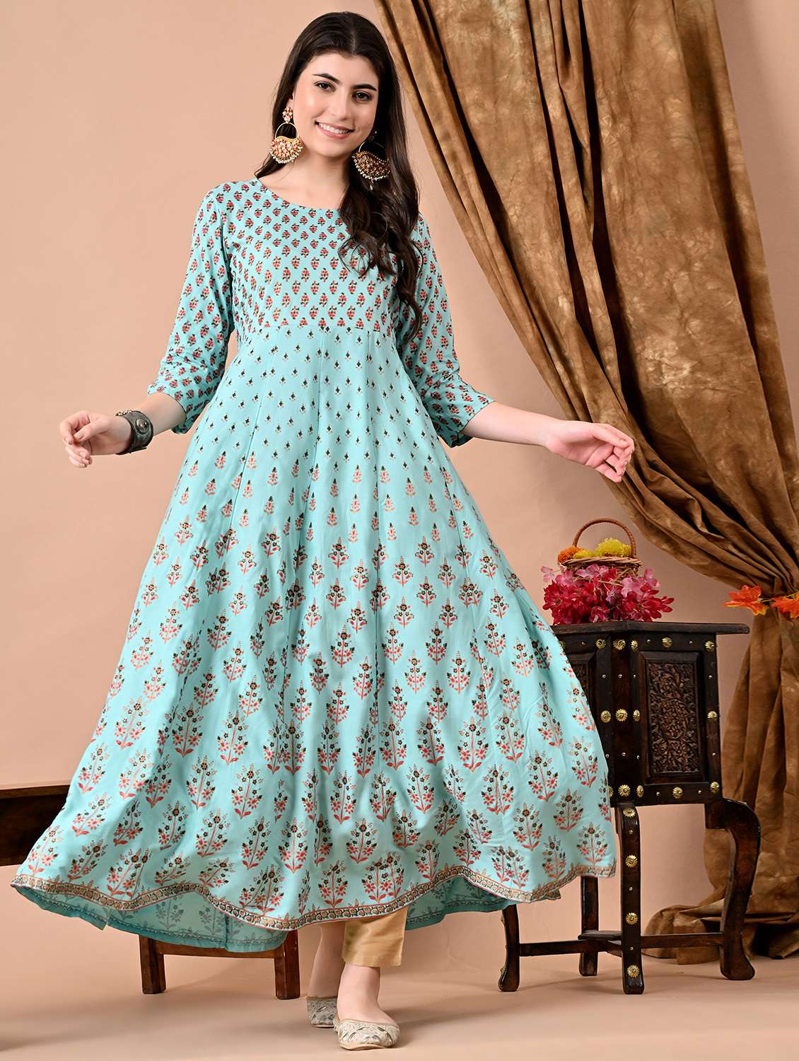 women floral printed three quarter sleeve anarkali ethnic dress - 22078419 -  Zoom Image - 0