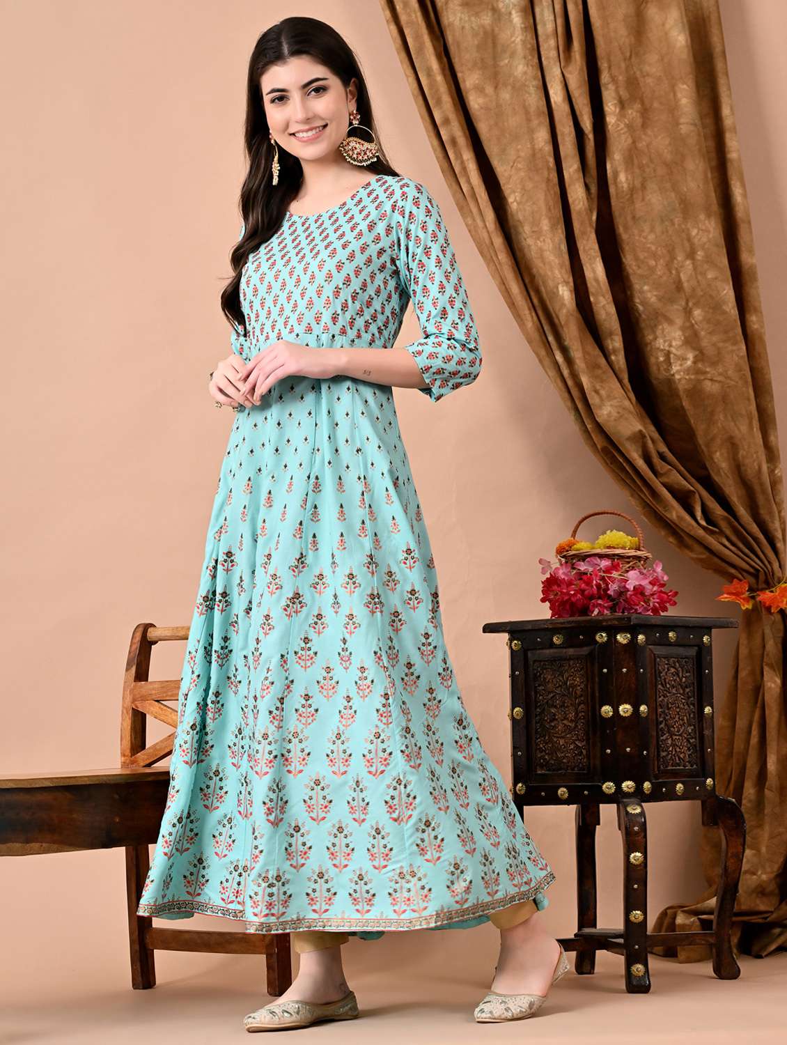 women floral printed three quarter sleeve anarkali ethnic dress - 22078419 - Standard Image - 3