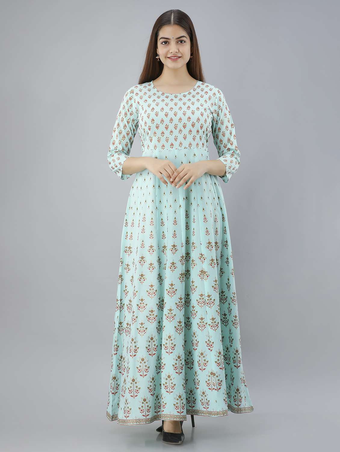 women floral printed three quarter sleeve anarkali ethnic dress - 22078420 - Zoom Image - 0