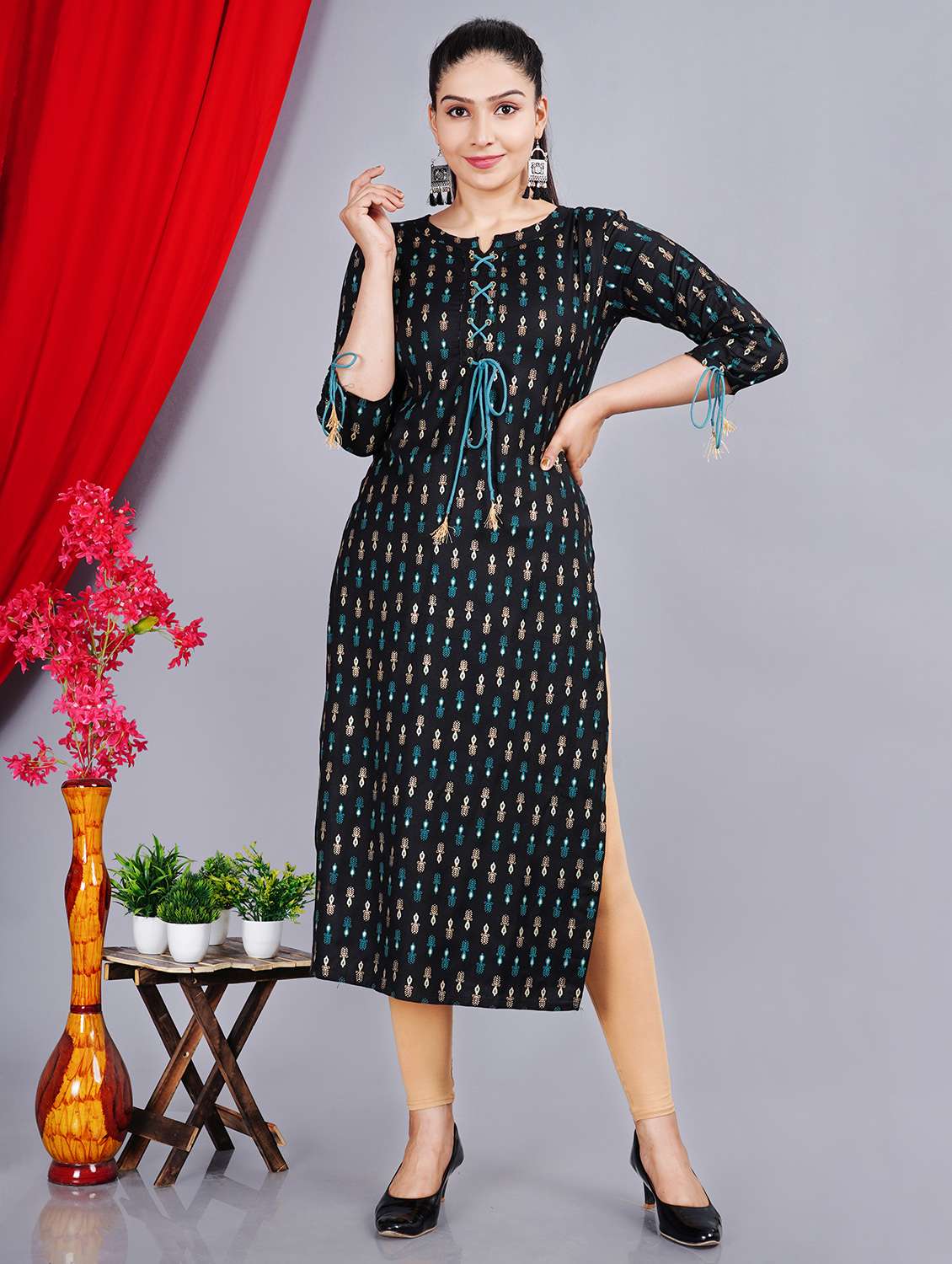 women printed three quarter sleeve straight kurta