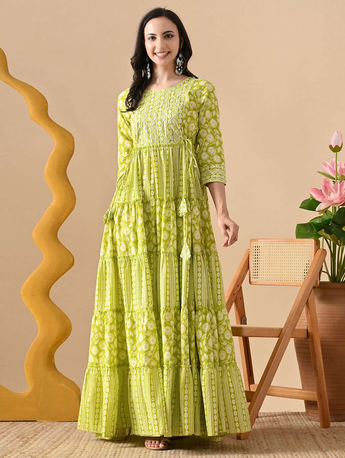 women floral printed three quarter sleeve tiered ethnic dress