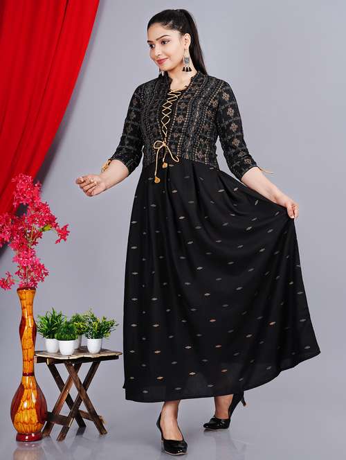 women printed three quarter sleeve kurta with jacket ethnic dress - 22078424 -  Standard Image - 0
