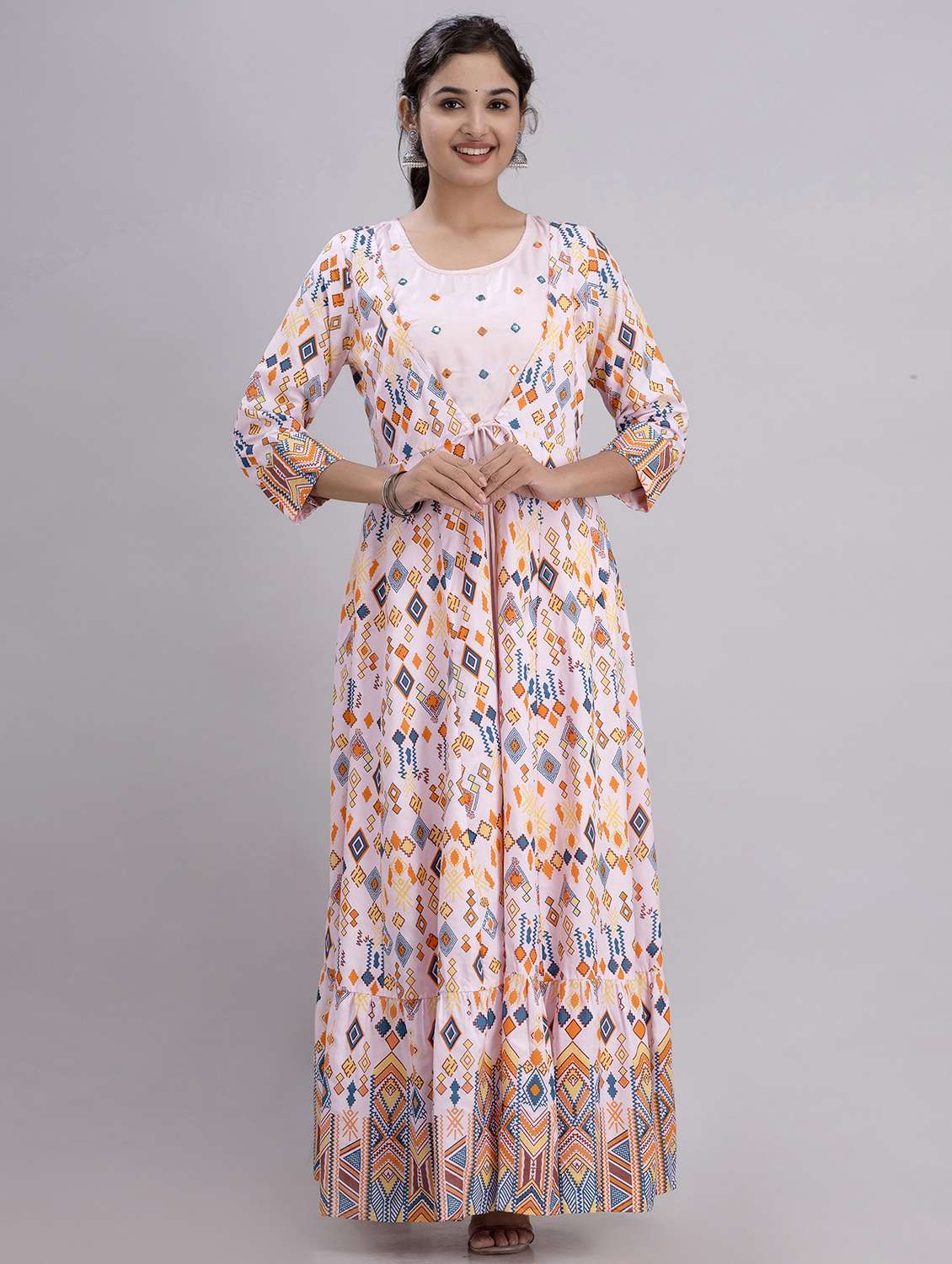 women printed three quarter sleeve tiered ethnic dress - 22078425 - Zoom Image - 0