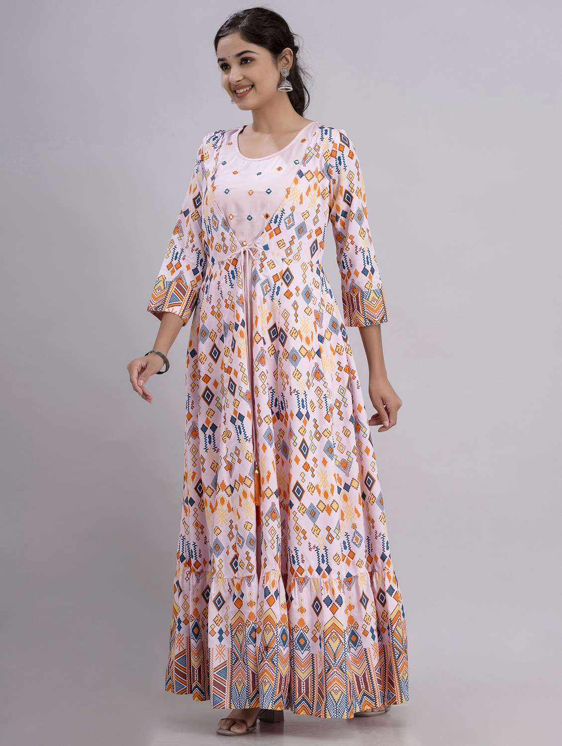 women printed three quarter sleeve tiered ethnic dress - 22078425 - Standard Image - 3