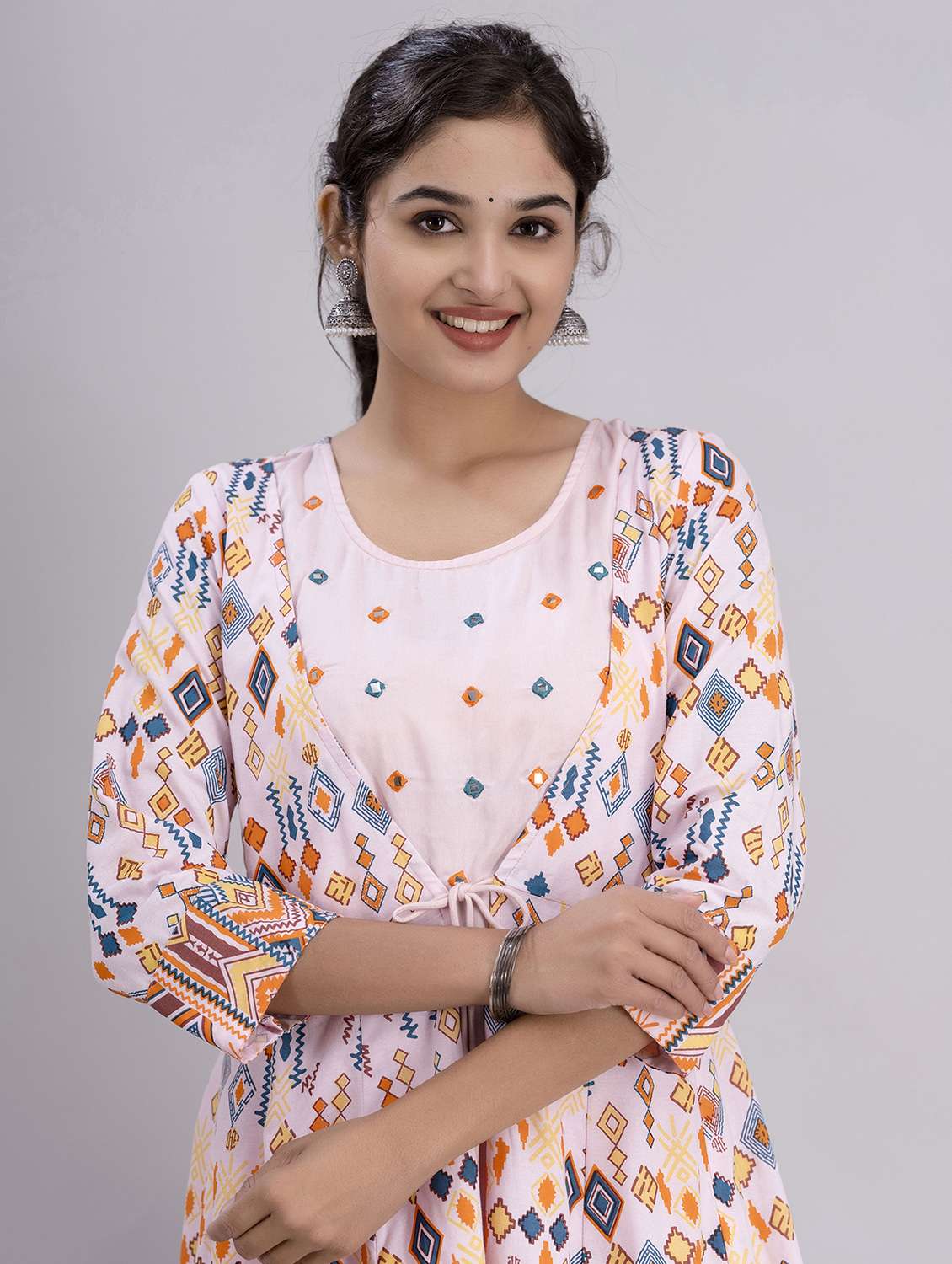 women printed three quarter sleeve tiered ethnic dress - 22078425 - Standard Image - 5