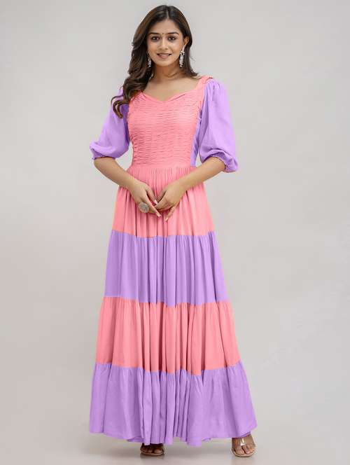 women color block puff sleeve tiered maxi dress - 22078427 -  Standard Image - 0