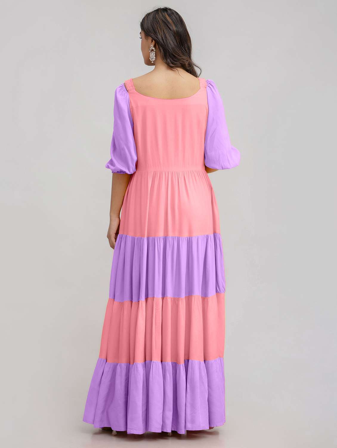 women color block puff sleeve tiered maxi dress - 22078427 - Standard Image - 3
