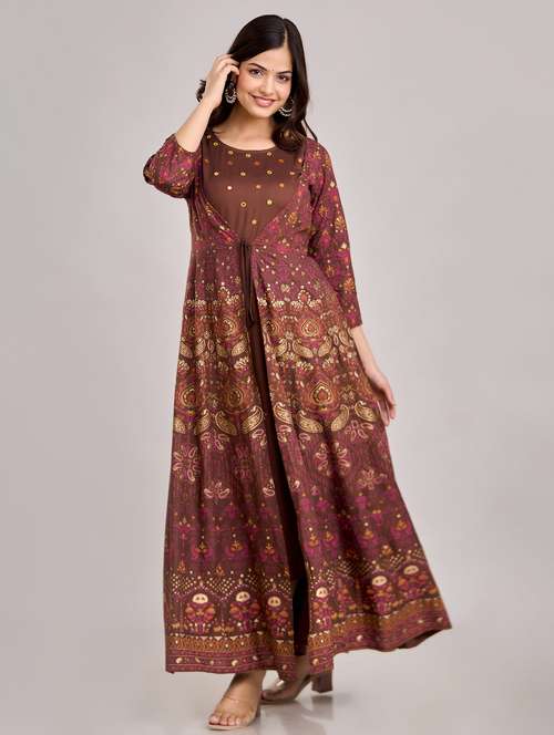 women printed three quarter sleeve flared ethnic dress - 22078429 - Standard Image - 0