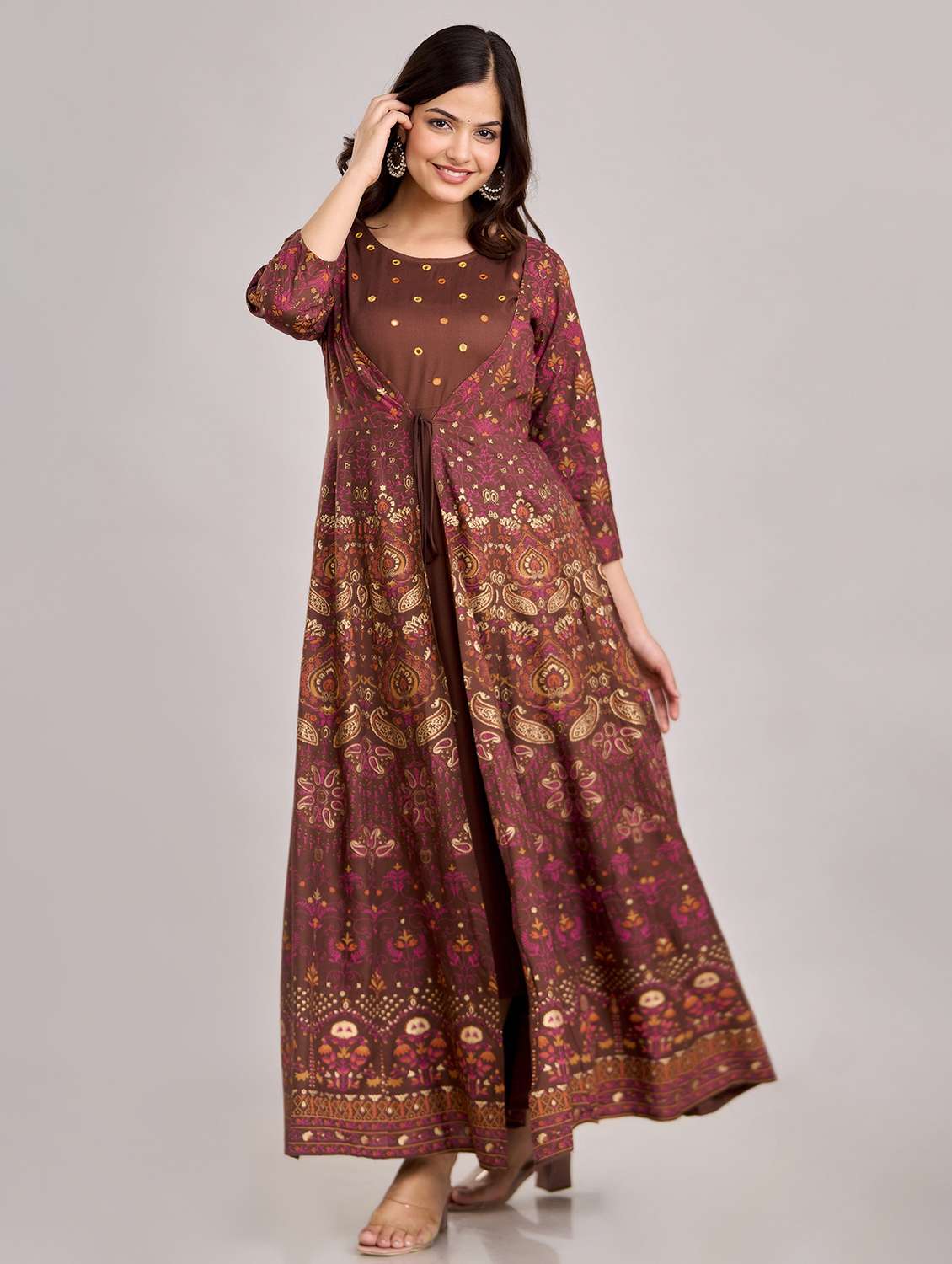 women printed three quarter sleeve flared ethnic dress