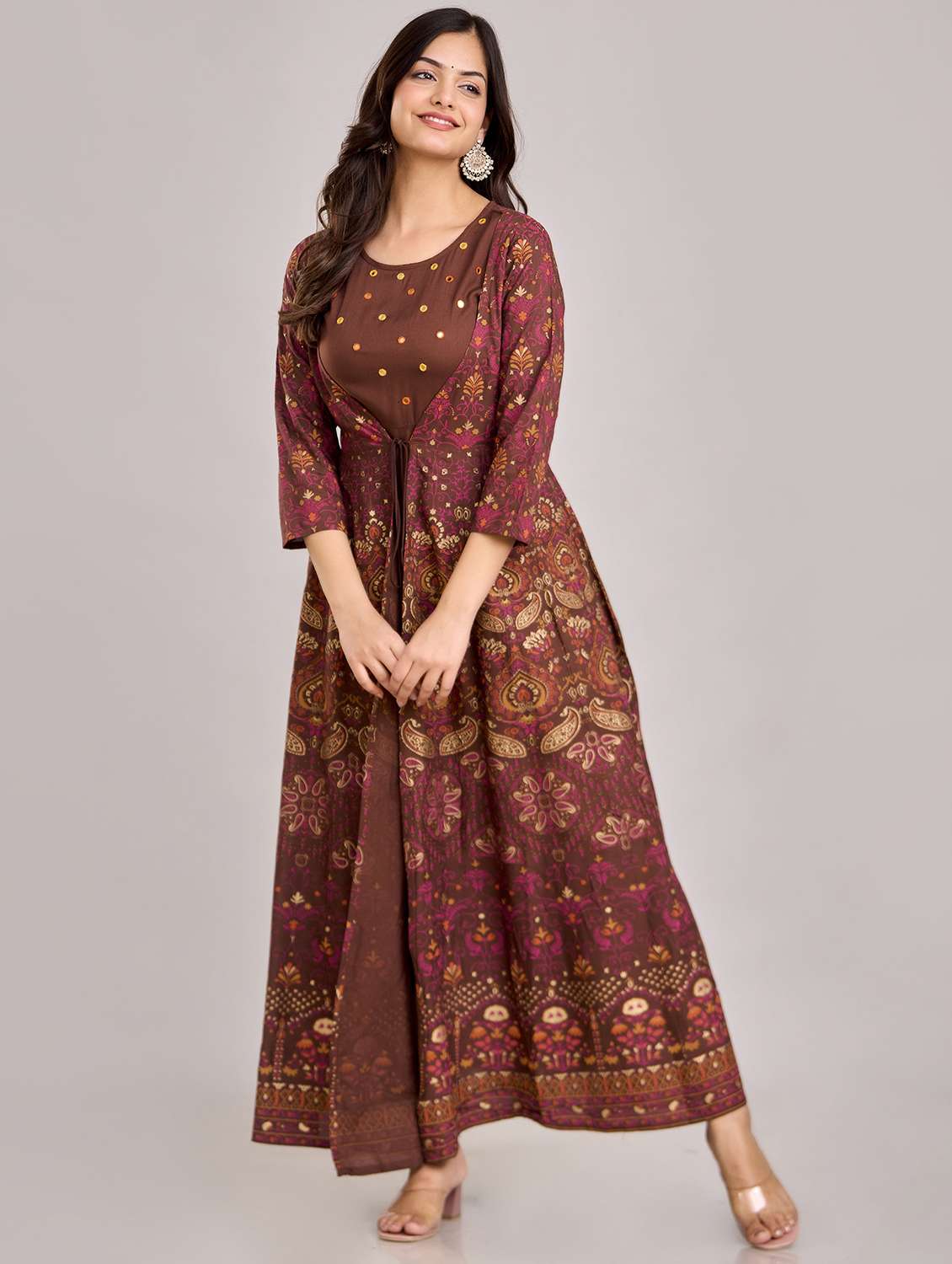 women printed three quarter sleeve flared ethnic dress - 22078429 - Standard Image - 3