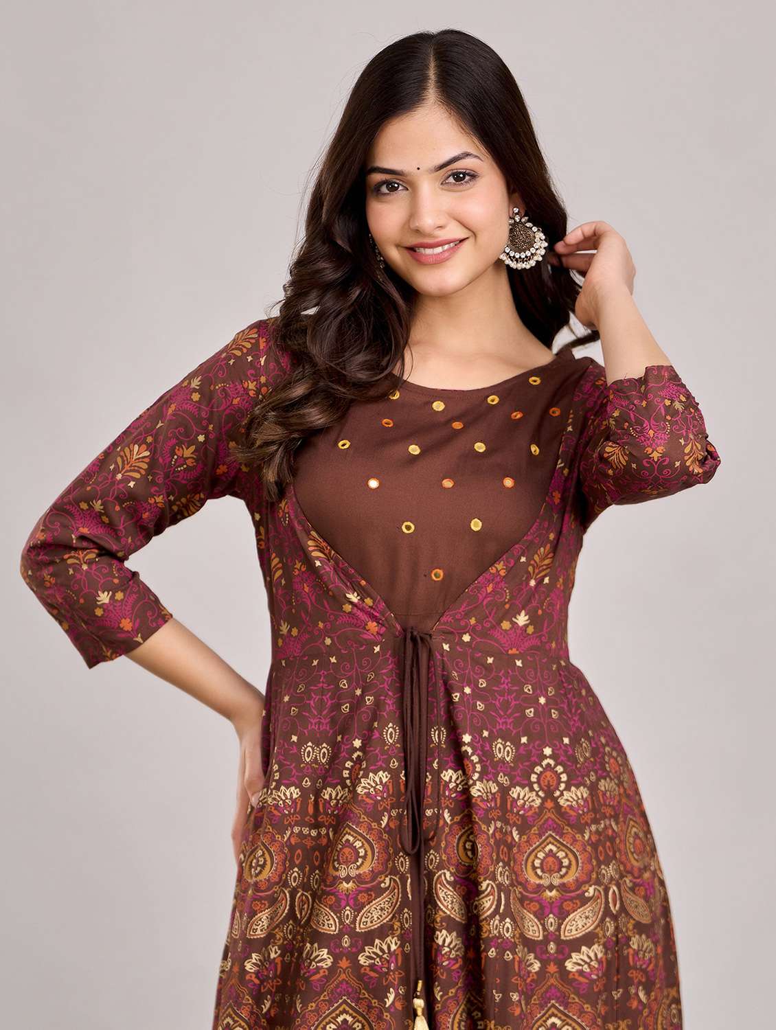 women printed three quarter sleeve flared ethnic dress - 22078429 - Standard Image - 5
