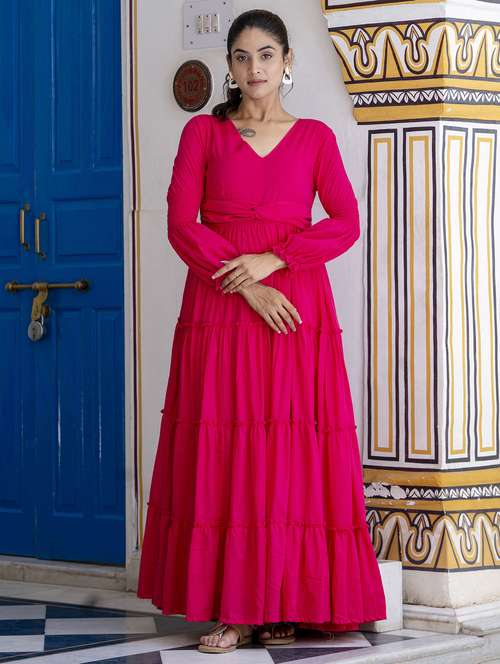 women solid long sleeve tiered ethnic dress - 22078431 - Standard Image - 0