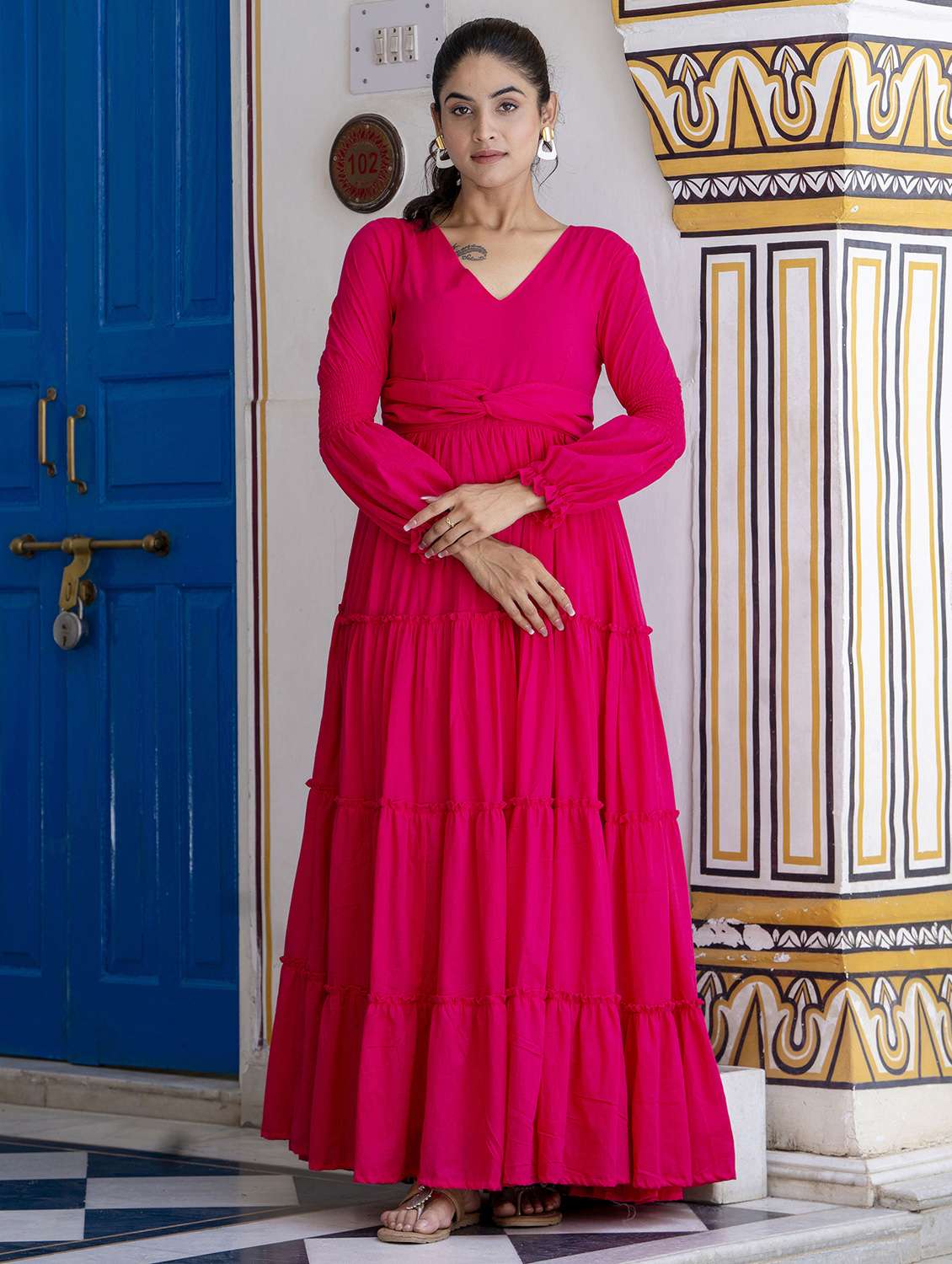 women solid long sleeve tiered ethnic dress - 22078431 - Zoom Image - 0