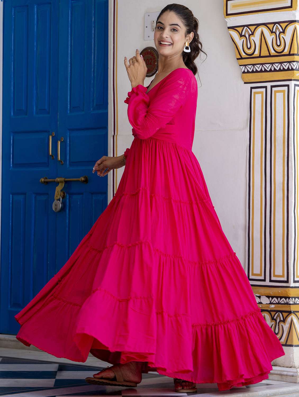 women solid long sleeve tiered ethnic dress - 22078431 - Standard Image - 3