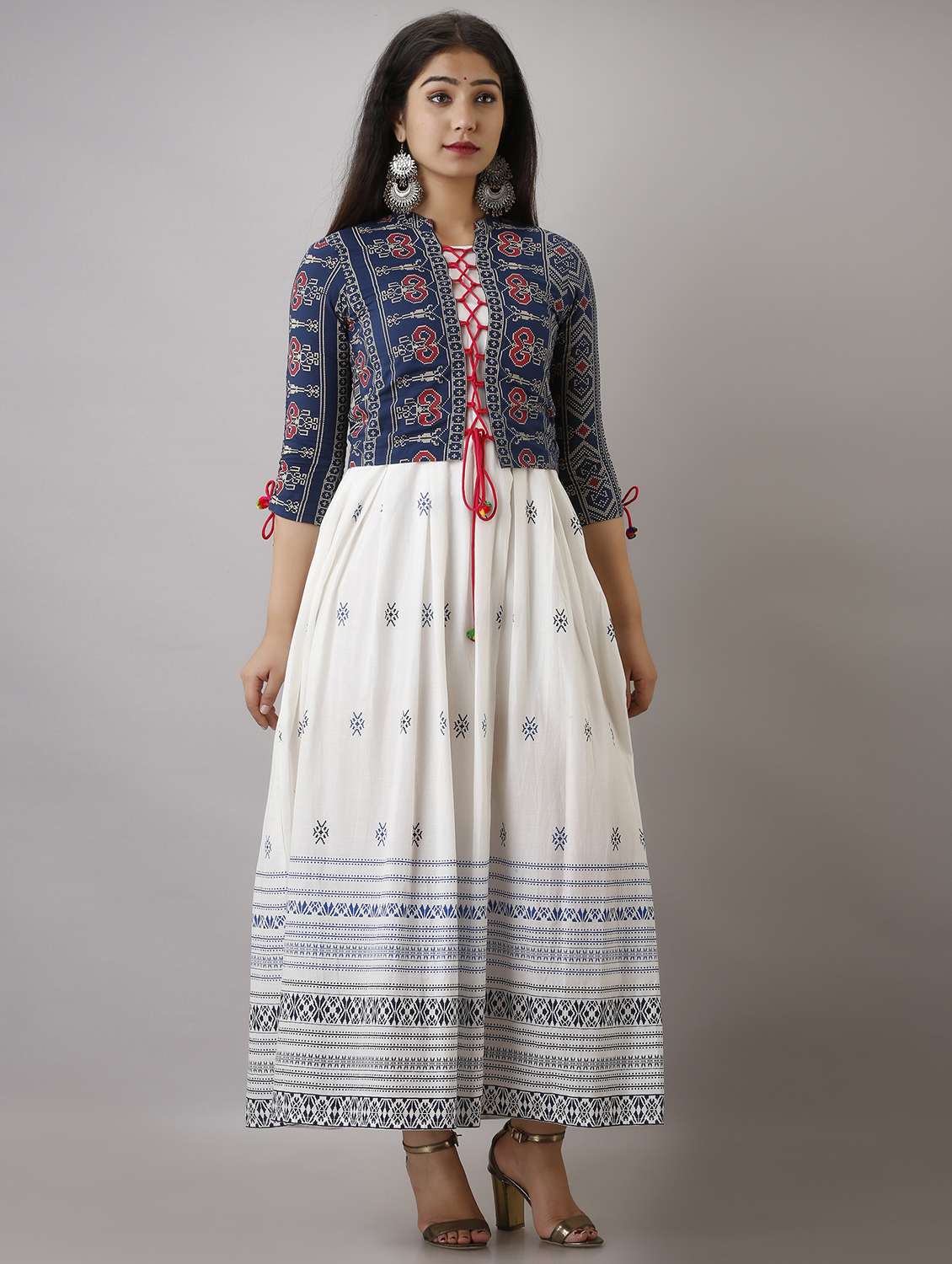 women printed three quarter sleeve kurta with jacket ethnic dress - 22078432 - Zoom Image - 0