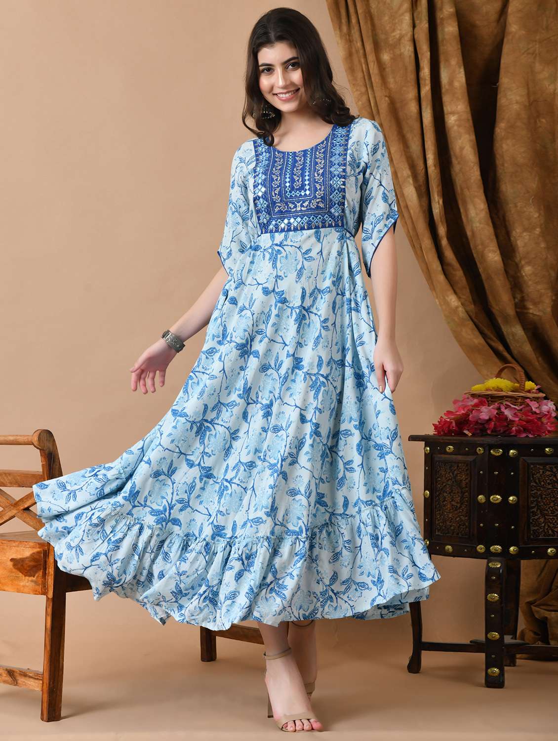women floral printed three quarter sleeve tiered ethnic dress - 22078433 -  Zoom Image - 0