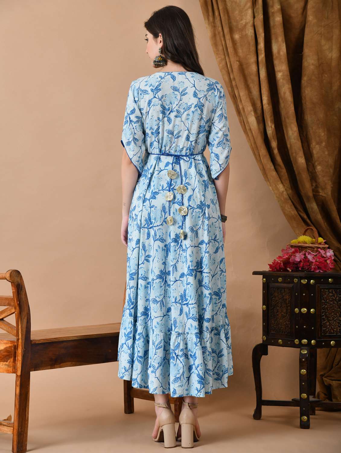 women floral printed three quarter sleeve tiered ethnic dress - 22078433 - Standard Image - 3
