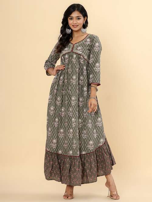 women printed three quarter sleeve tiered ethnic dress - 22078434 -  Standard Image - 0
