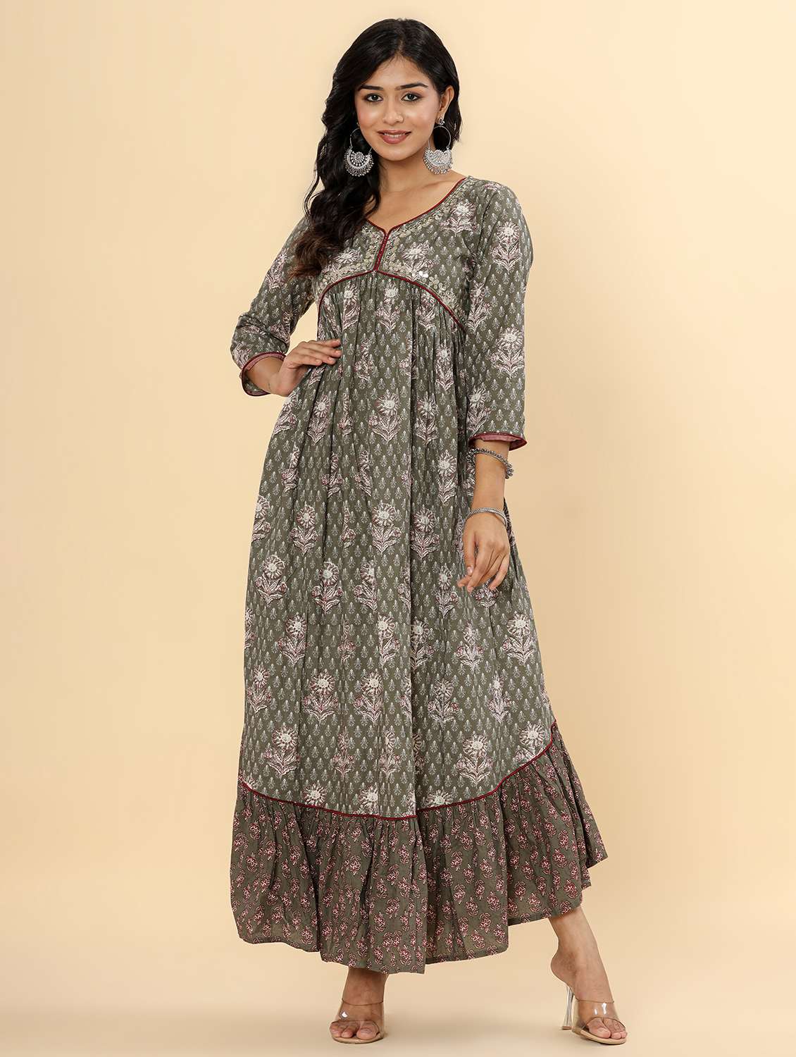 women printed three quarter sleeve tiered ethnic dress - 22078434 -  Zoom Image - 0