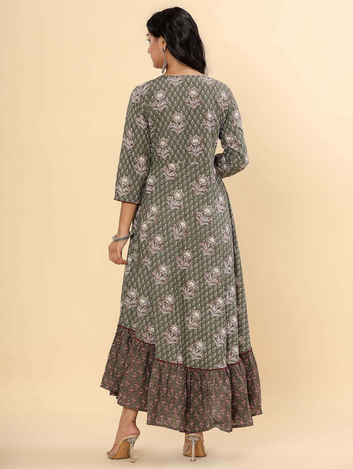 women printed three quarter sleeve tiered ethnic dress - 22078434 - Standard Image - 3