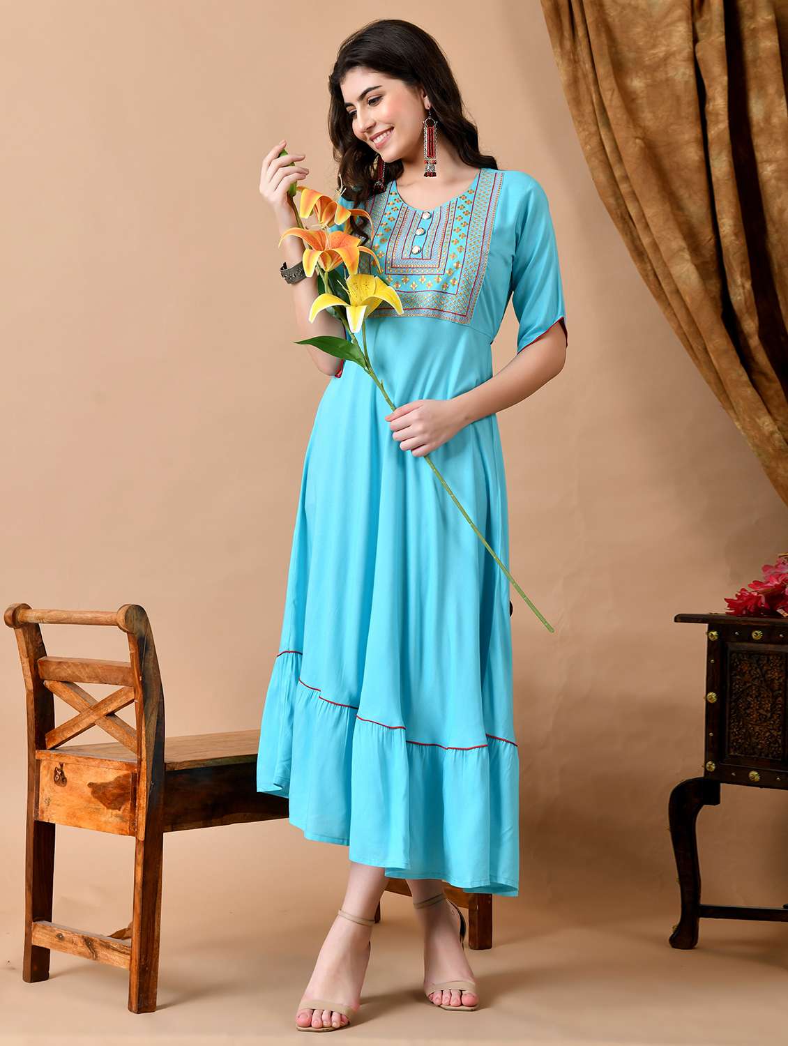 women embroidered round neck tiered dress - 22078435 -  Zoom Image - 0