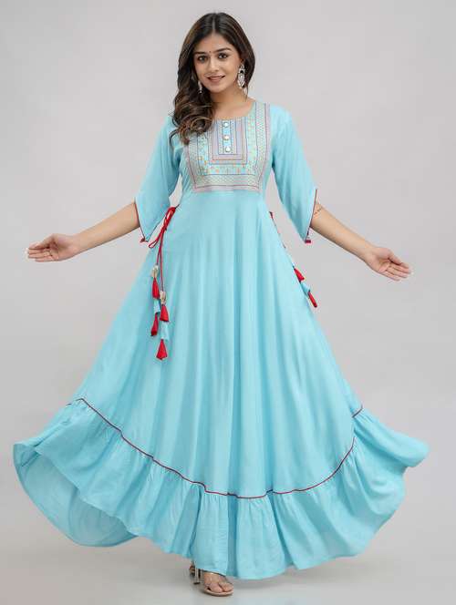 women embroidered three quarter sleeve tiered ethnic dress - 22078436 -  Standard Image - 0