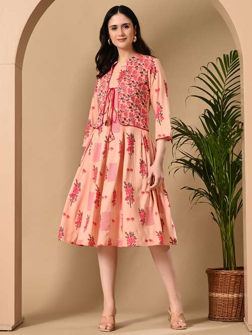 women floral printed three quarter sleeve flared ethnic dress - 22078437 -  Standard Image - 0