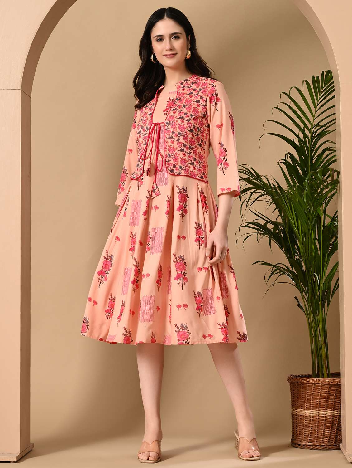 women floral printed three quarter sleeve flared ethnic dress - 22078437 -  Zoom Image - 0