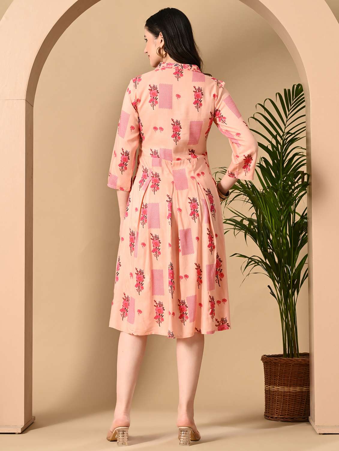 women floral printed three quarter sleeve flared ethnic dress - 22078437 - Standard Image - 3