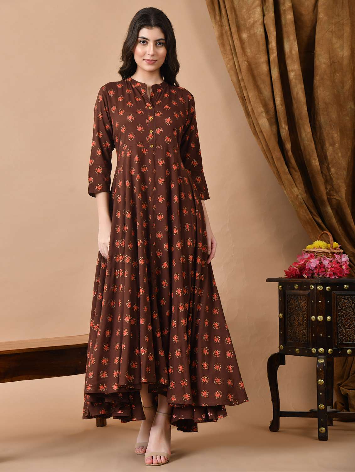 women floral printed three quarter sleeve flared ethnic dress