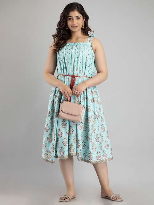 women printed shoulder strap flared ethnic dress - 22078443 - Standard Image - 0