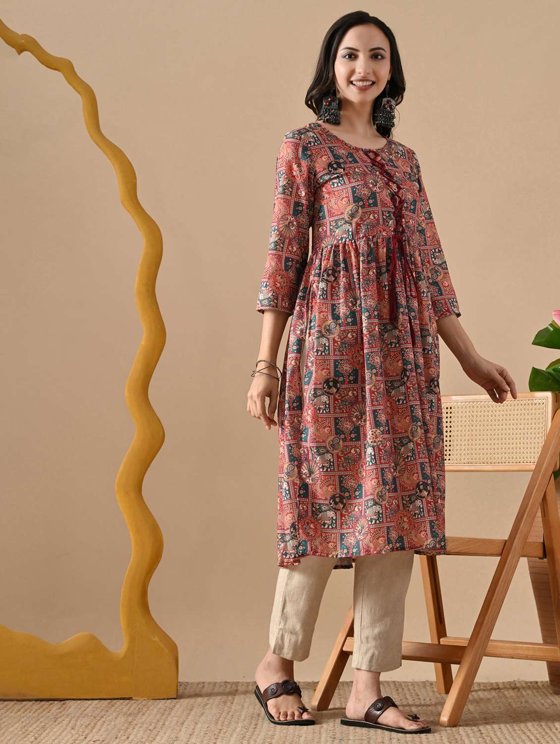 women printed three quarter sleeve a-line kurta - 22078444 - Standard Image - 3
