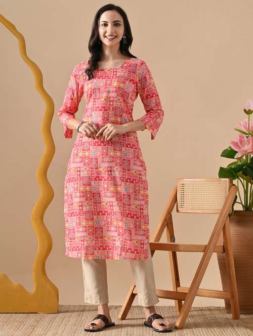 women printed three quarter sleeve straight kurta - 22078445 - Standard Image - 0