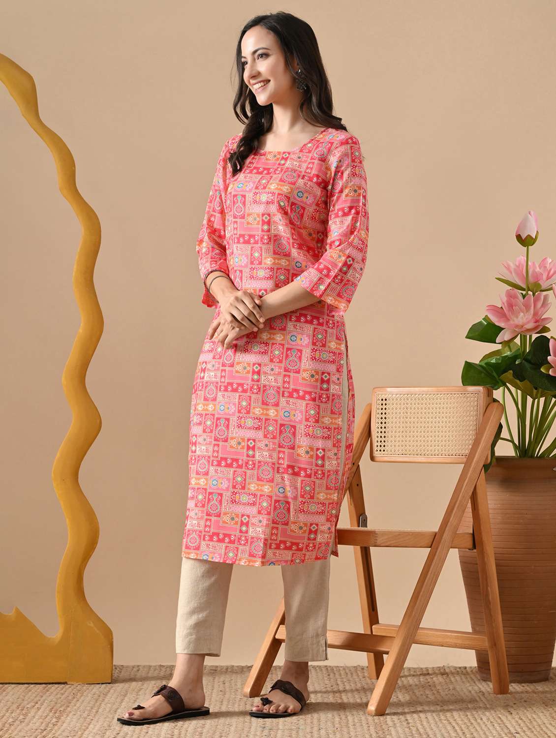 women printed three quarter sleeve straight kurta - 22078445 - Standard Image - 3