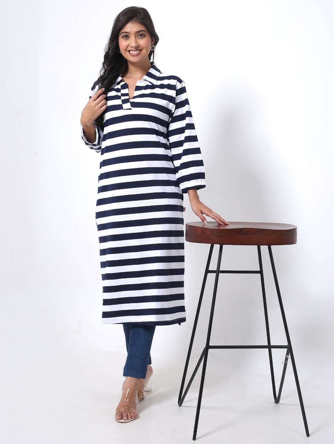 women striped collared long sleeve long top - 22078452 -  Zoom Image - 0