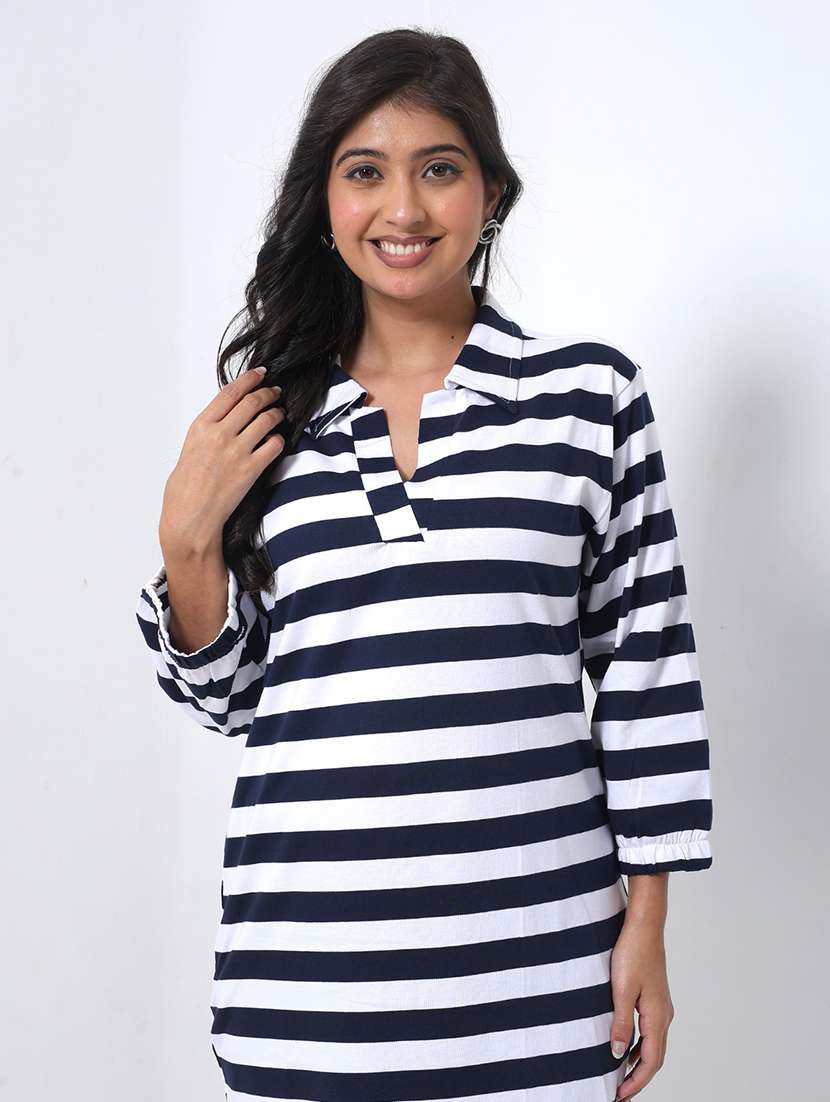 women striped collared long sleeve long top - 22078452 - Standard Image - 3
