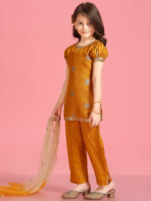 girls foil printed kurta and pant with dupatta set - 22078455 -  Standard Image - 0