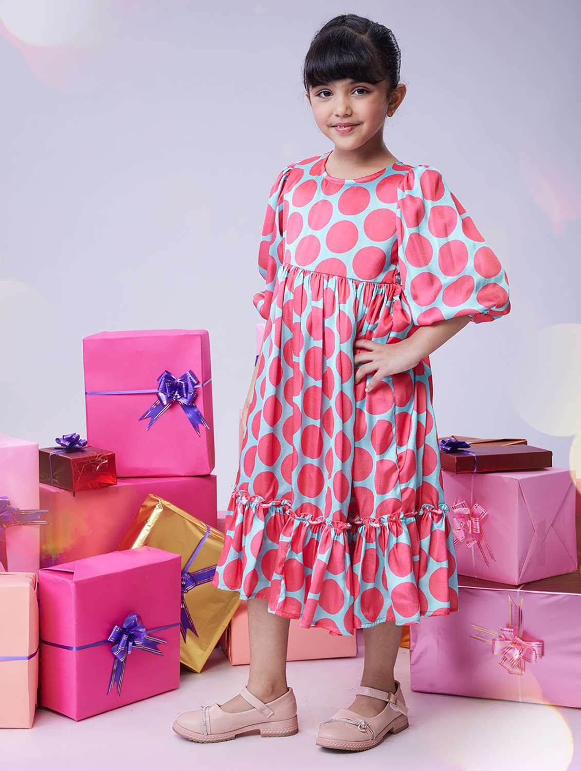 girls polka doted puff sleeve tiered dress - 22078497 - Zoom Image - 0