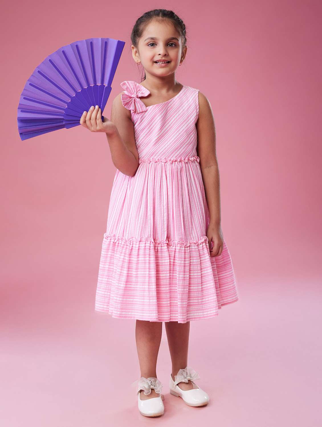 girls striped asymmetric neck tiered dress - 22078498 - Zoom Image - 0